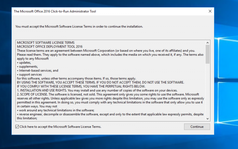 Office deployment. Software License. Office deployment Tool 2016. Microsoft terms. License term.